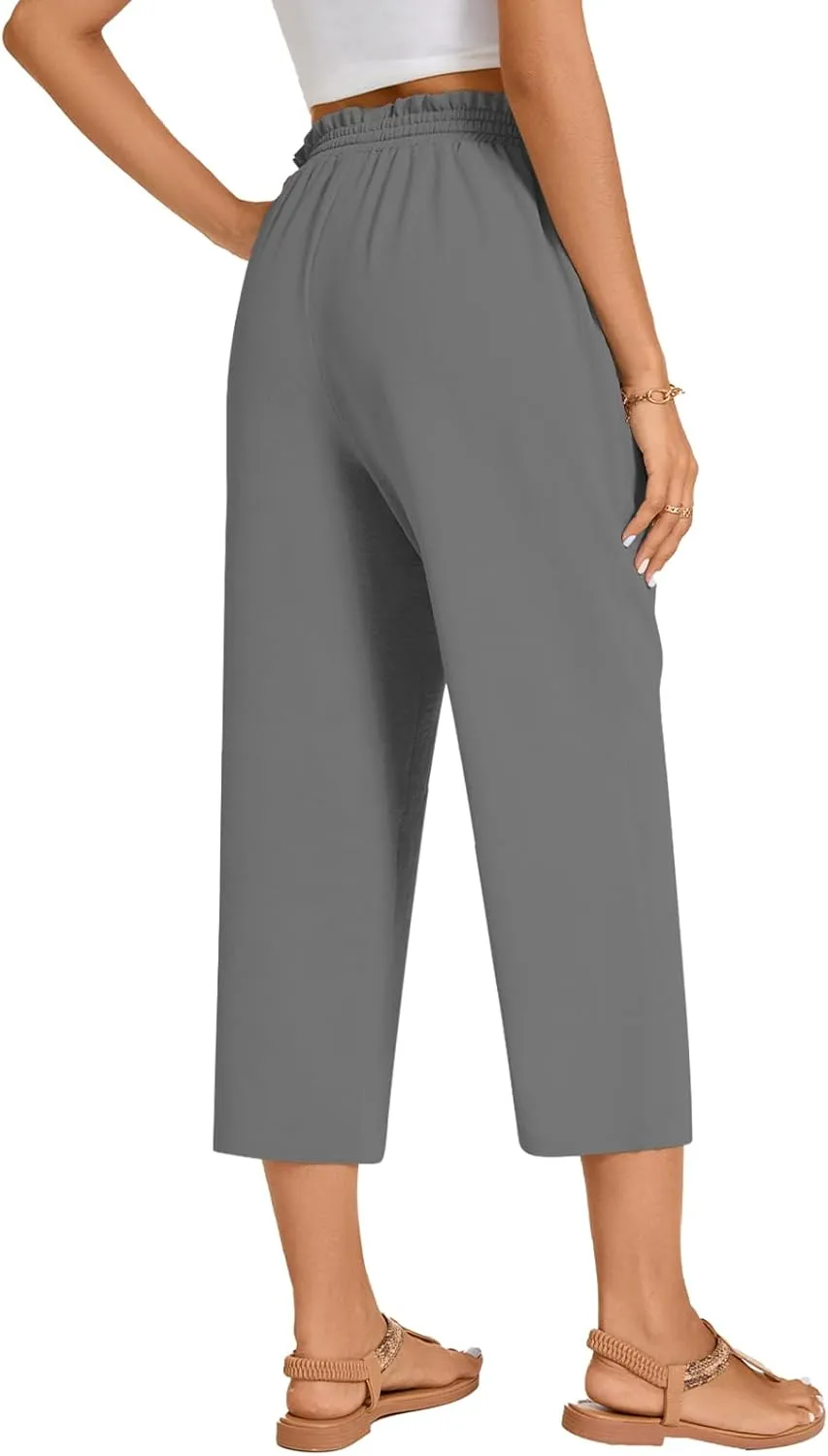 POPYOUNG Womens 3/4 Pants High Waisted Wide Leg Lounge Pants Drawstring Causal Palazzo Pants Trousers with Pockets