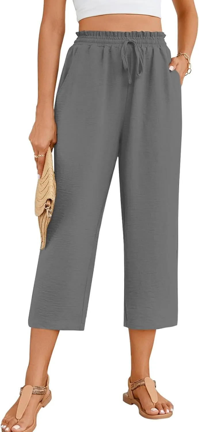 POPYOUNG Womens 3/4 Pants High Waisted Wide Leg Lounge Pants Drawstring Causal Palazzo Pants Trousers with Pockets