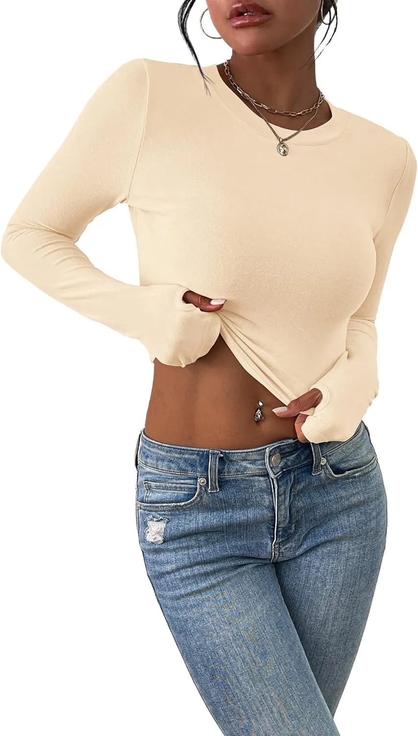 PRETTYGARDEN Women's Long Sleeve Crop Tops Y2K Spring Fall Fashion Clothes Basic Slim Fit Tee Shirts Blouse