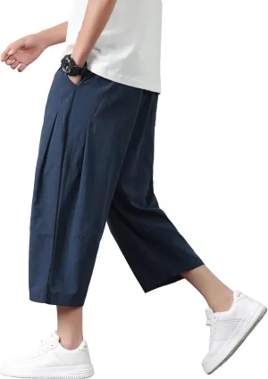 PRIJOUHE Mens Harem Pants Casual Lightweight Loose Fit Capri Pants Linen Beach Pants with Elastic Waistband