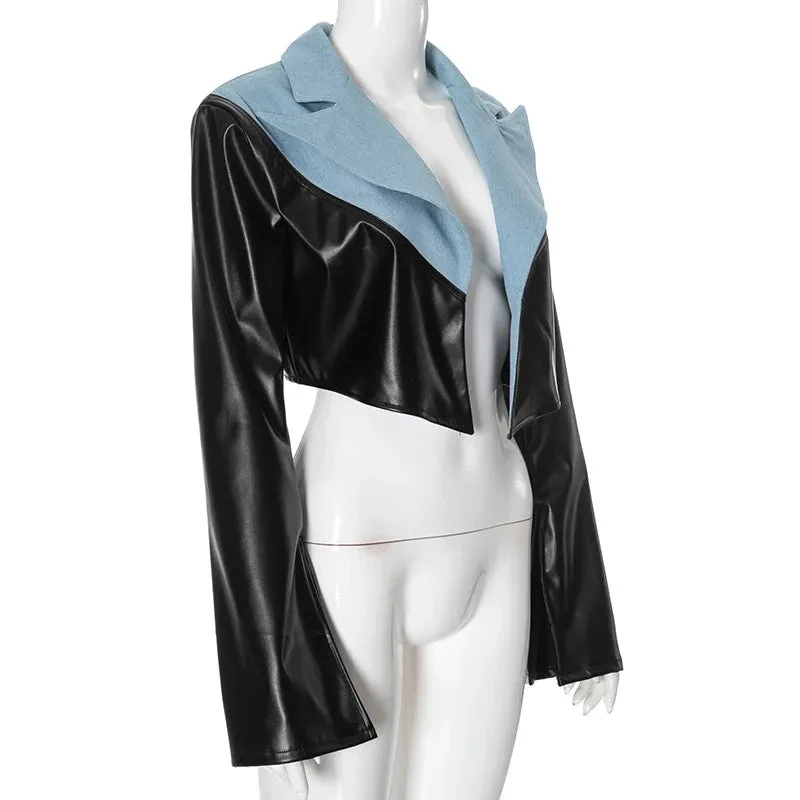 PU Leather Patchwork Denim Crop Jacket  High Street Trendsetter for Women