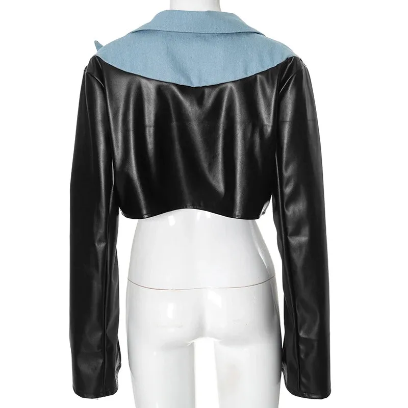 PU Leather Patchwork Denim Crop Jacket  High Street Trendsetter for Women