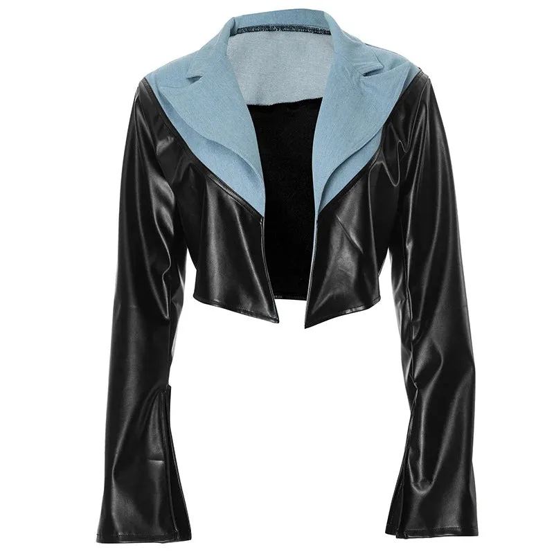 PU Leather Patchwork Denim Crop Jacket  High Street Trendsetter for Women