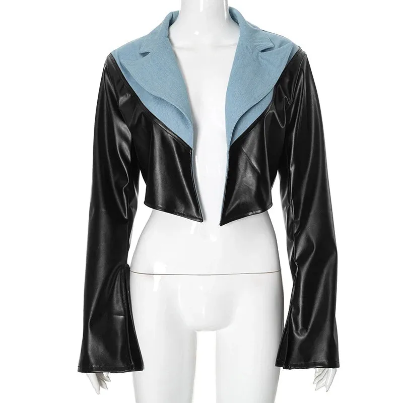 PU Leather Patchwork Denim Crop Jacket  High Street Trendsetter for Women