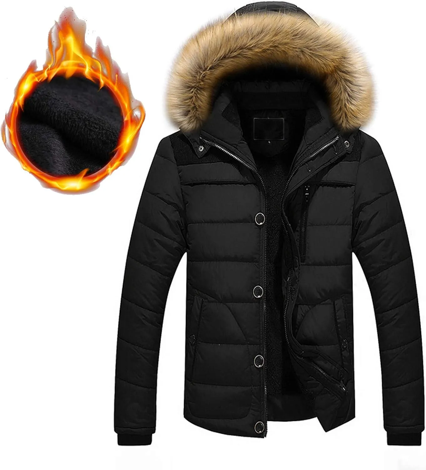 Puffer Jacket Men Fur Hood Winter Coat Zip up Padded Coat Warm Down Jacket Quilted Insulated Jacket Thermal Outwear