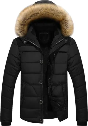 Puffer Jacket Men Fur Hood Winter Coat Zip up Padded Coat Warm Down Jacket Quilted Insulated Jacket Thermal Outwear