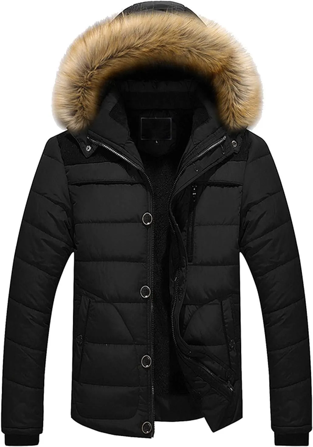 Puffer Jacket Men Fur Hood Winter Coat Zip up Padded Coat Warm Down Jacket Quilted Insulated Jacket Thermal Outwear
