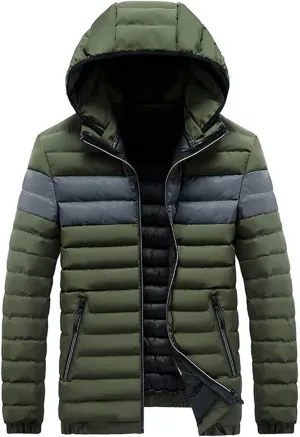 Puffer Jacket Men with Hood Winter Down Jackets Zip up Padded Coat Color Block Quilted Jacket Casual Warm Jackets
