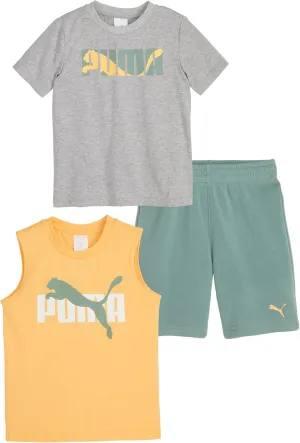PUMA boys 3 Piece Set, Short Sleeve Cotton Jersey T-shirt and Muscle Tee & Matching Short