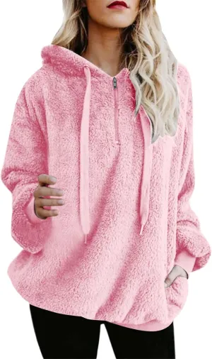 Quarter Zip Hoodies for Women Long Fleece Plus Size Drawstring Sweatshirt Solid Color Casual Winter Pocket Pullover