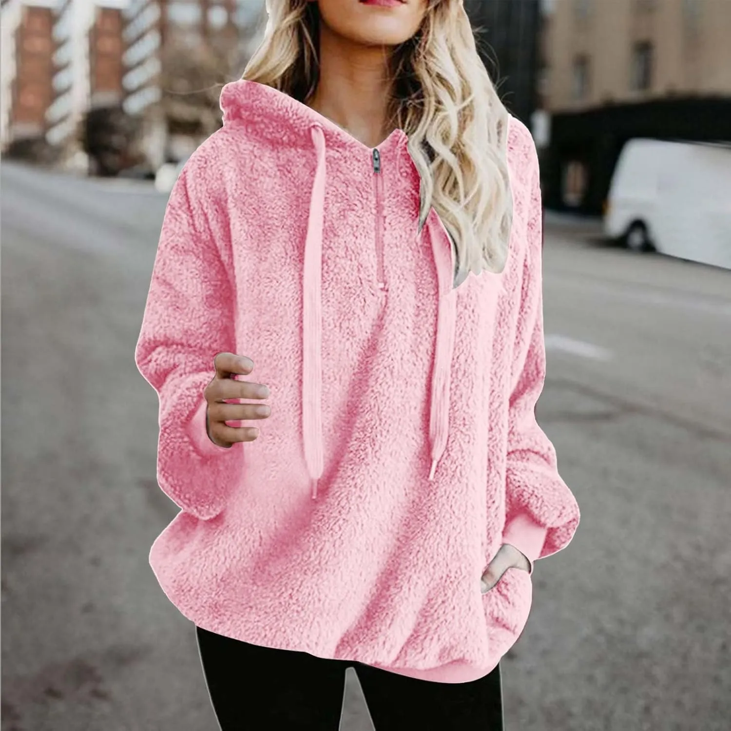 Quarter Zip Hoodies for Women Long Fleece Plus Size Drawstring Sweatshirt Solid Color Casual Winter Pocket Pullover