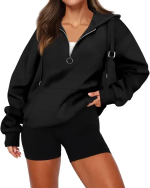 Quarter Zip Pullover Women,2024 Fall Casual Loose Oversized Hoodies Plain Long Sleeve Shirts With Kangaroo Pockets