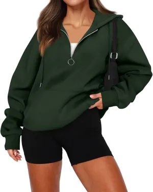 Quarter Zip Pullover Women,2024 Fall Casual Loose Oversized Hoodies Plain Long Sleeve Shirts With Kangaroo Pockets