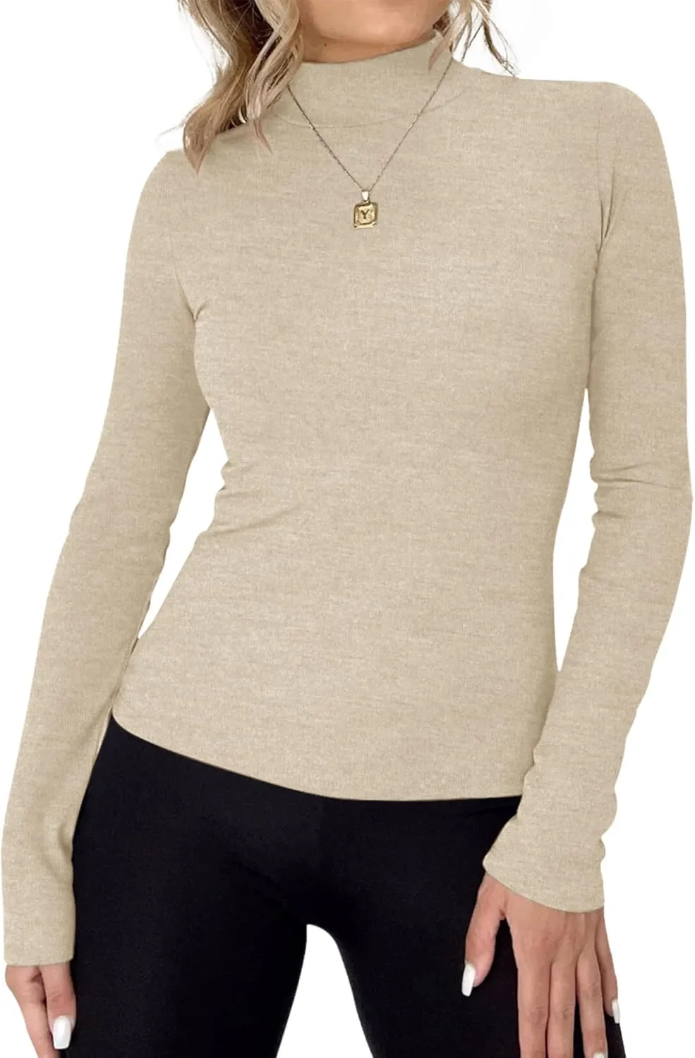 Rapbin Womens Long Sleeve Mock Turtleneck Tops Knit Basic Stretch Fitted Pullover Lightweight Thermal Shirts