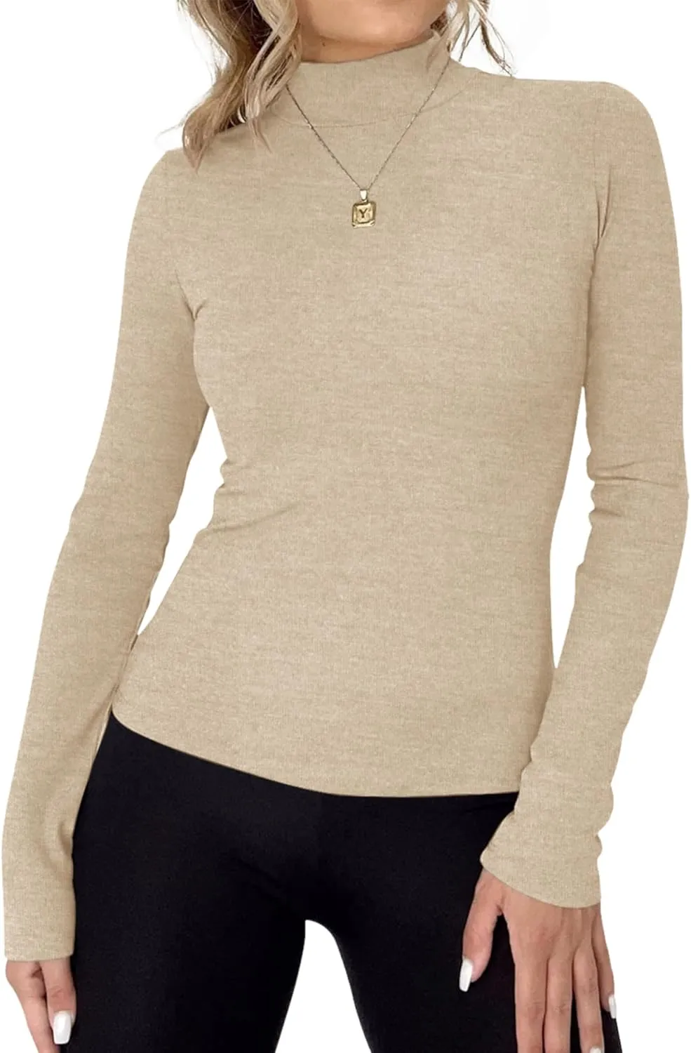 Rapbin Womens Long Sleeve Mock Turtleneck Tops Knit Basic Stretch Fitted Pullover Lightweight Thermal Shirts
