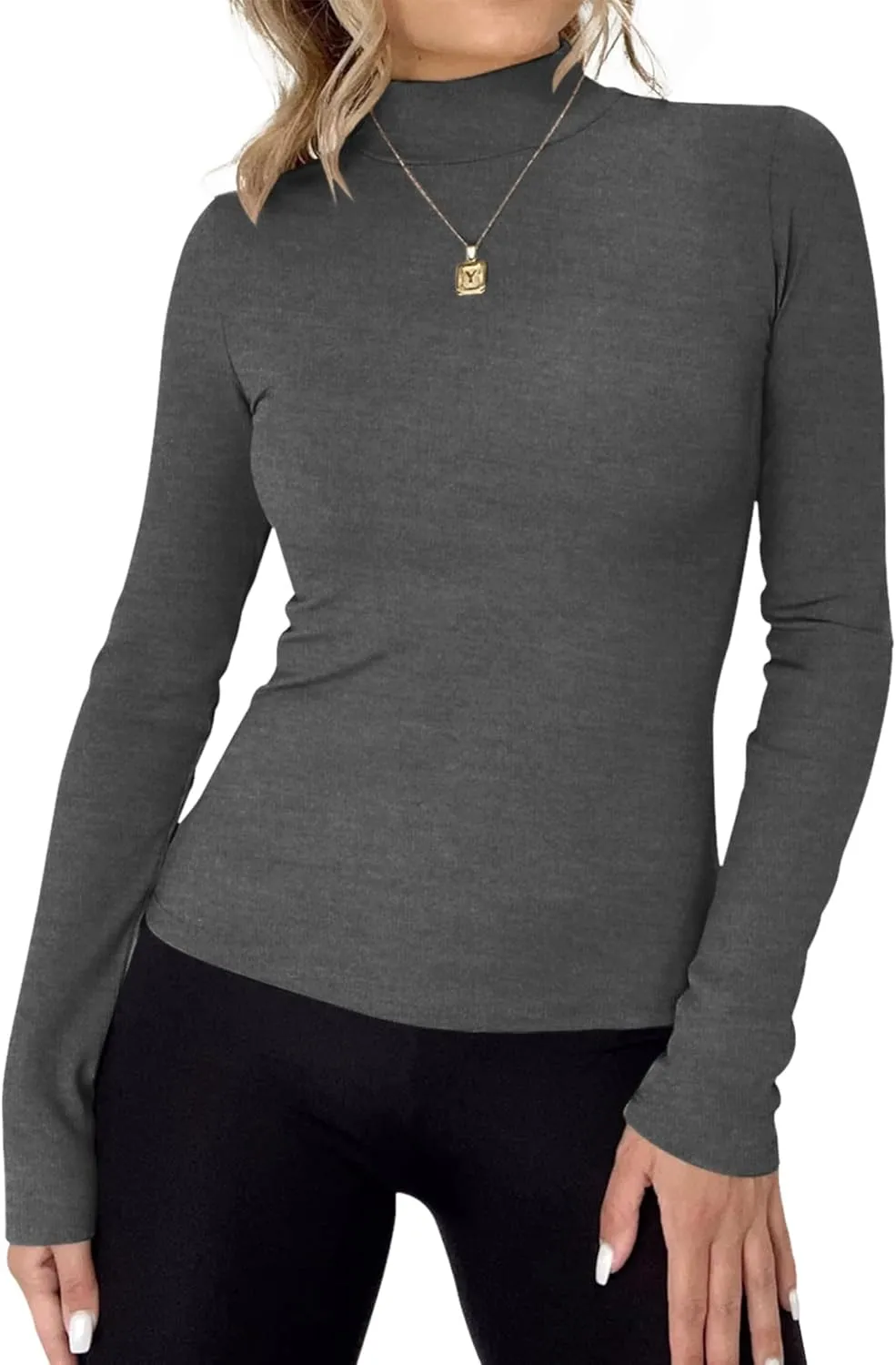 Rapbin Womens Long Sleeve Mock Turtleneck Tops Knit Basic Stretch Fitted Pullover Lightweight Thermal Shirts