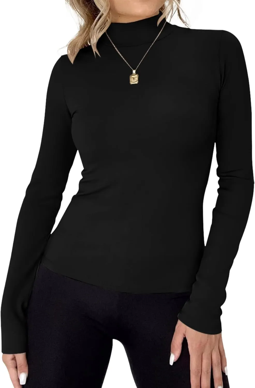 Rapbin Womens Long Sleeve Mock Turtleneck Tops Knit Basic Stretch Fitted Pullover Lightweight Thermal Shirts
