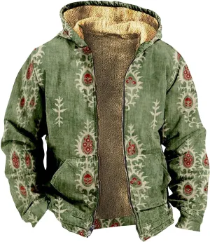 Retro Ethnic Graphic Hoodies Heavyweight Sherpa Fleece Lined Jackets Big Tall Zip Up Sweatshirts For Men With Hood