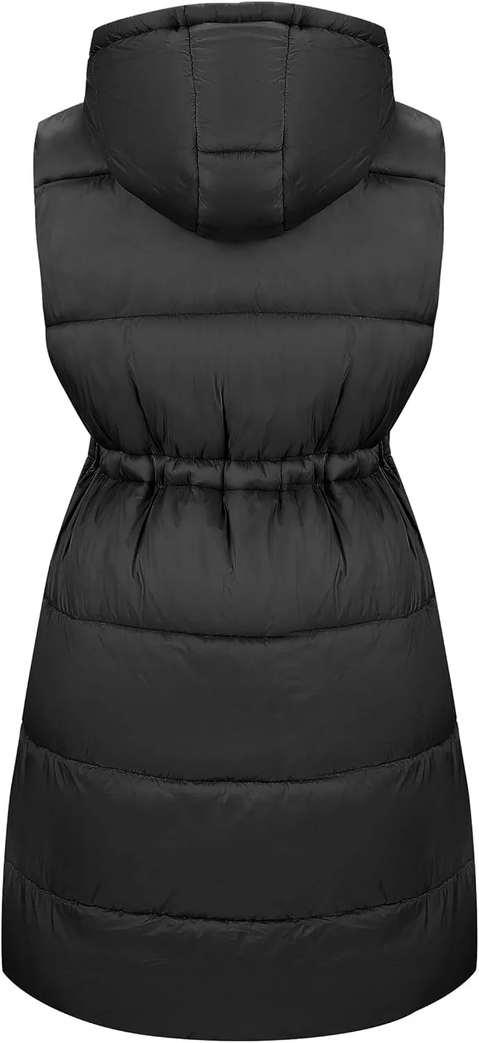 RISISSIDA Puffer Vest Women Long Puffy Quilted Hooded Sleeveless Loose Jacket