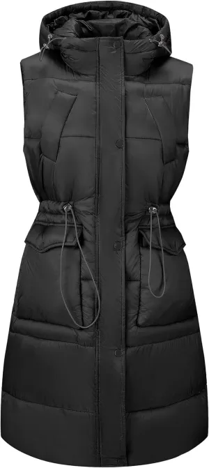 RISISSIDA Puffer Vest Women Long Puffy Quilted Hooded Sleeveless Loose Jacket