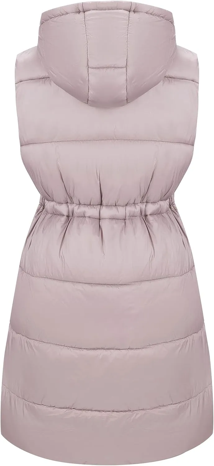 RISISSIDA Puffer Vest Women Long Puffy Quilted Hooded Sleeveless Loose Jacket