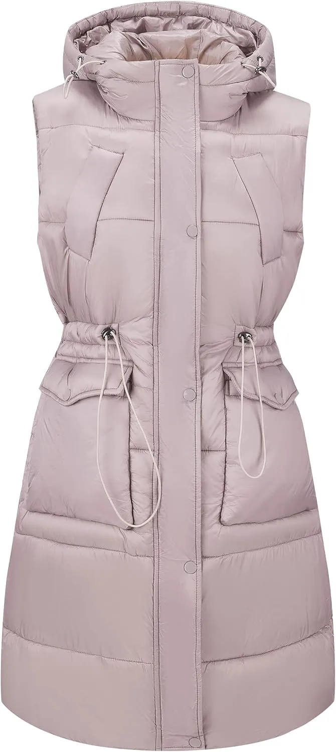 RISISSIDA Puffer Vest Women Long Puffy Quilted Hooded Sleeveless Loose Jacket