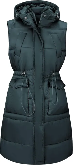 RISISSIDA Puffer Vest Women Long Puffy Quilted Hooded Sleeveless Loose Jacket