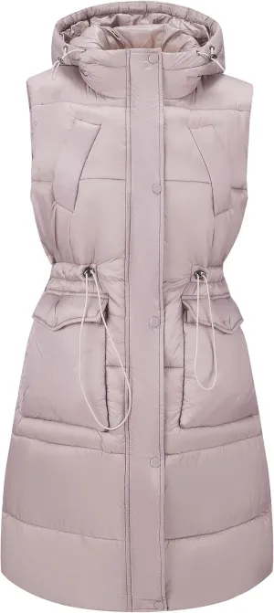 RISISSIDA Puffer Vest Women Long Puffy Quilted Hooded Sleeveless Loose Jacket