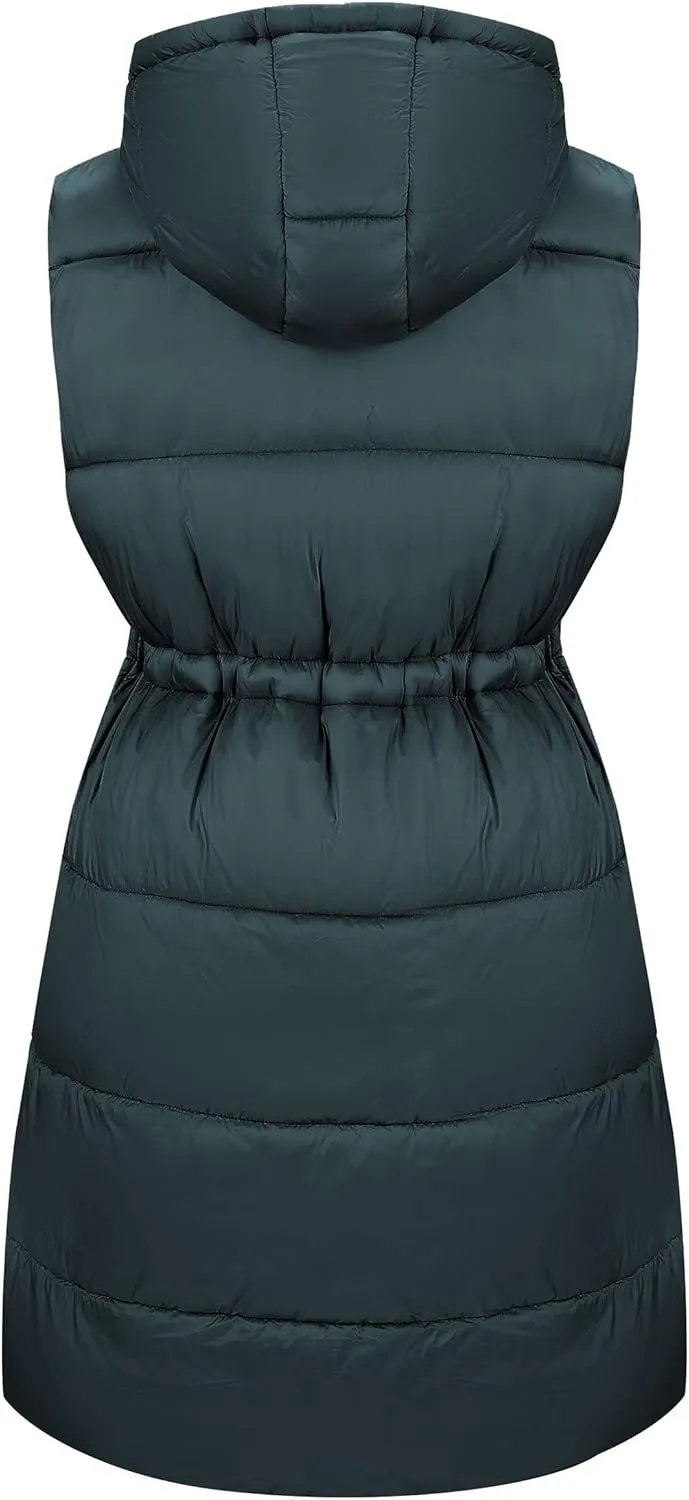 RISISSIDA Puffer Vest Women Long Puffy Quilted Hooded Sleeveless Loose Jacket