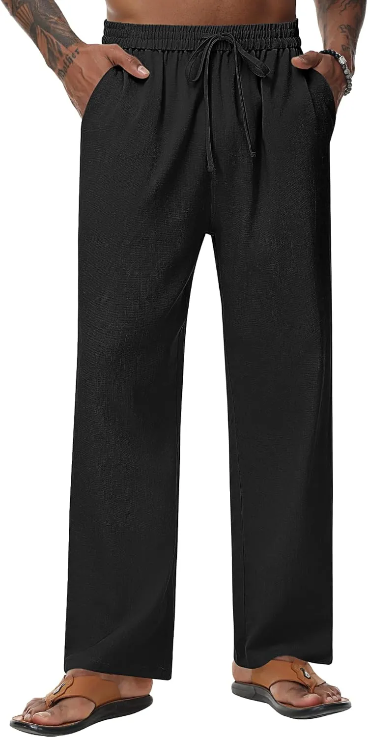 Riyiper 2 Pack Men's Linen Pants, Casual Pants with Pockets Lightweight Pants Elastic Waist Yoga Lounge Trousers