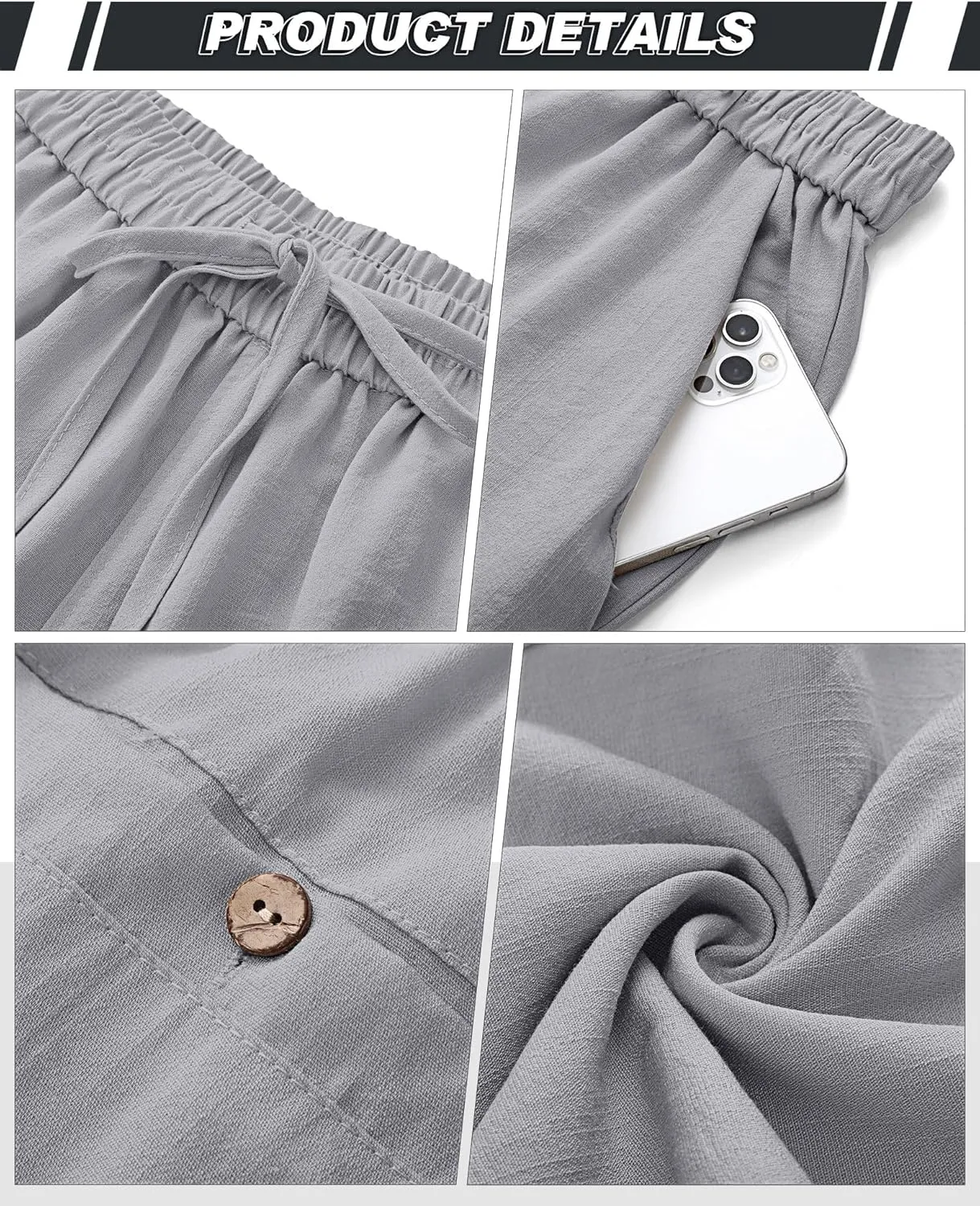 Riyiper 2 Pack Men's Linen Pants, Casual Pants with Pockets Lightweight Pants Elastic Waist Yoga Lounge Trousers