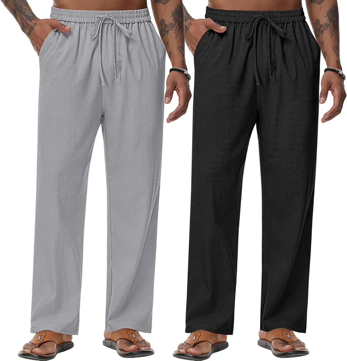 Riyiper 2 Pack Men's Linen Pants, Casual Pants with Pockets Lightweight Pants Elastic Waist Yoga Lounge Trousers