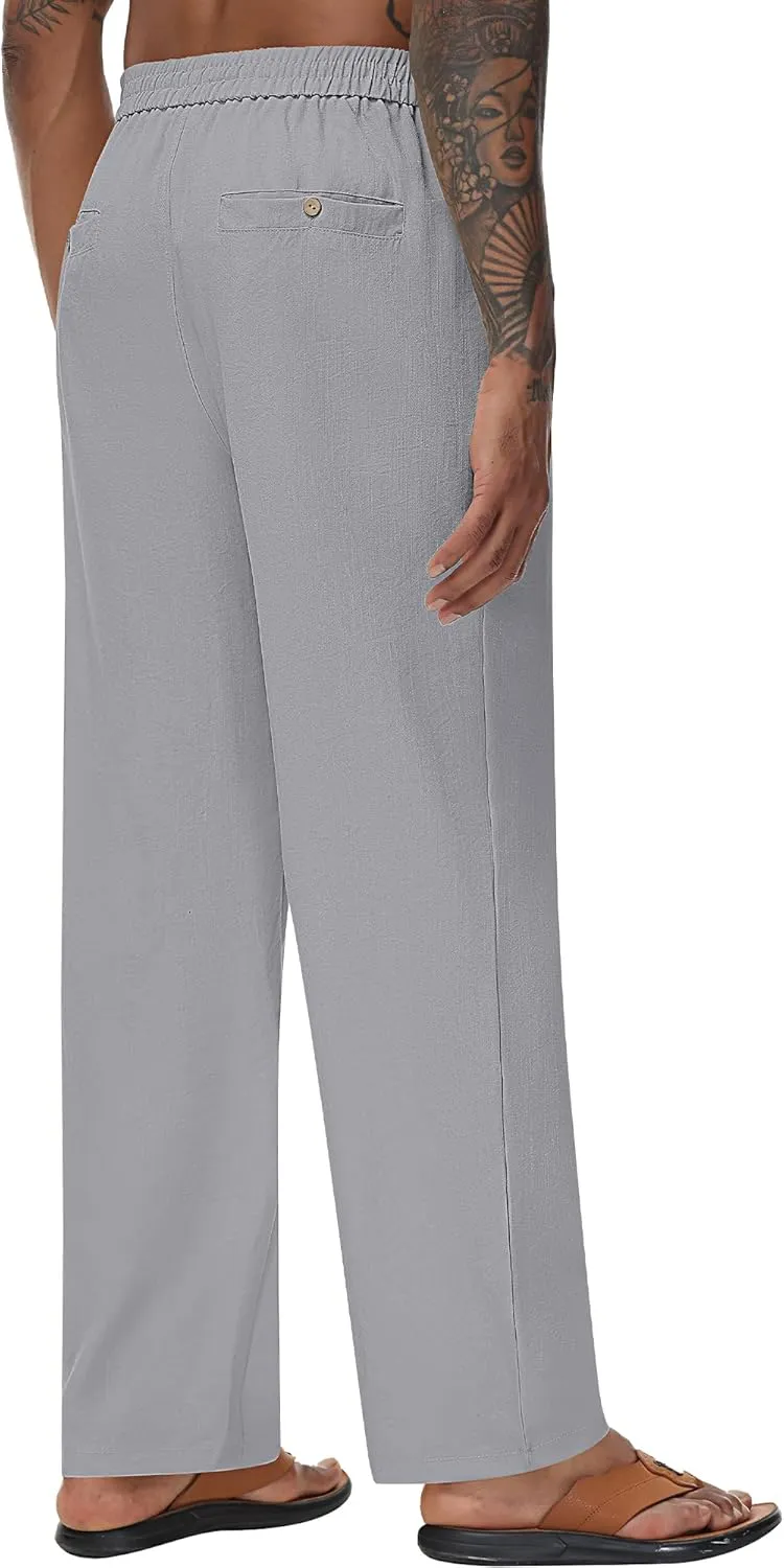 Riyiper 2 Pack Men's Linen Pants, Casual Pants with Pockets Lightweight Pants Elastic Waist Yoga Lounge Trousers
