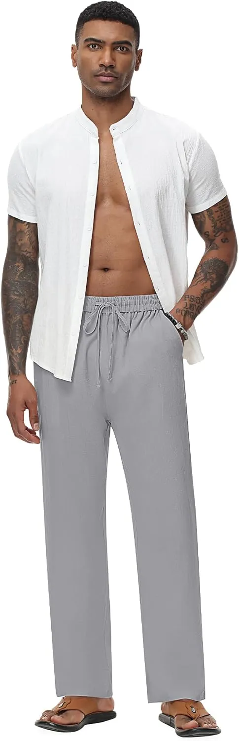 Riyiper 2 Pack Men's Linen Pants, Casual Pants with Pockets Lightweight Pants Elastic Waist Yoga Lounge Trousers