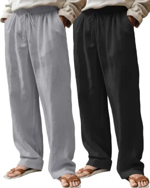 Riyiper 2 Pack Men's Linen Pants, Casual Pants with Pockets Lightweight Pants Elastic Waist Yoga Lounge Trousers