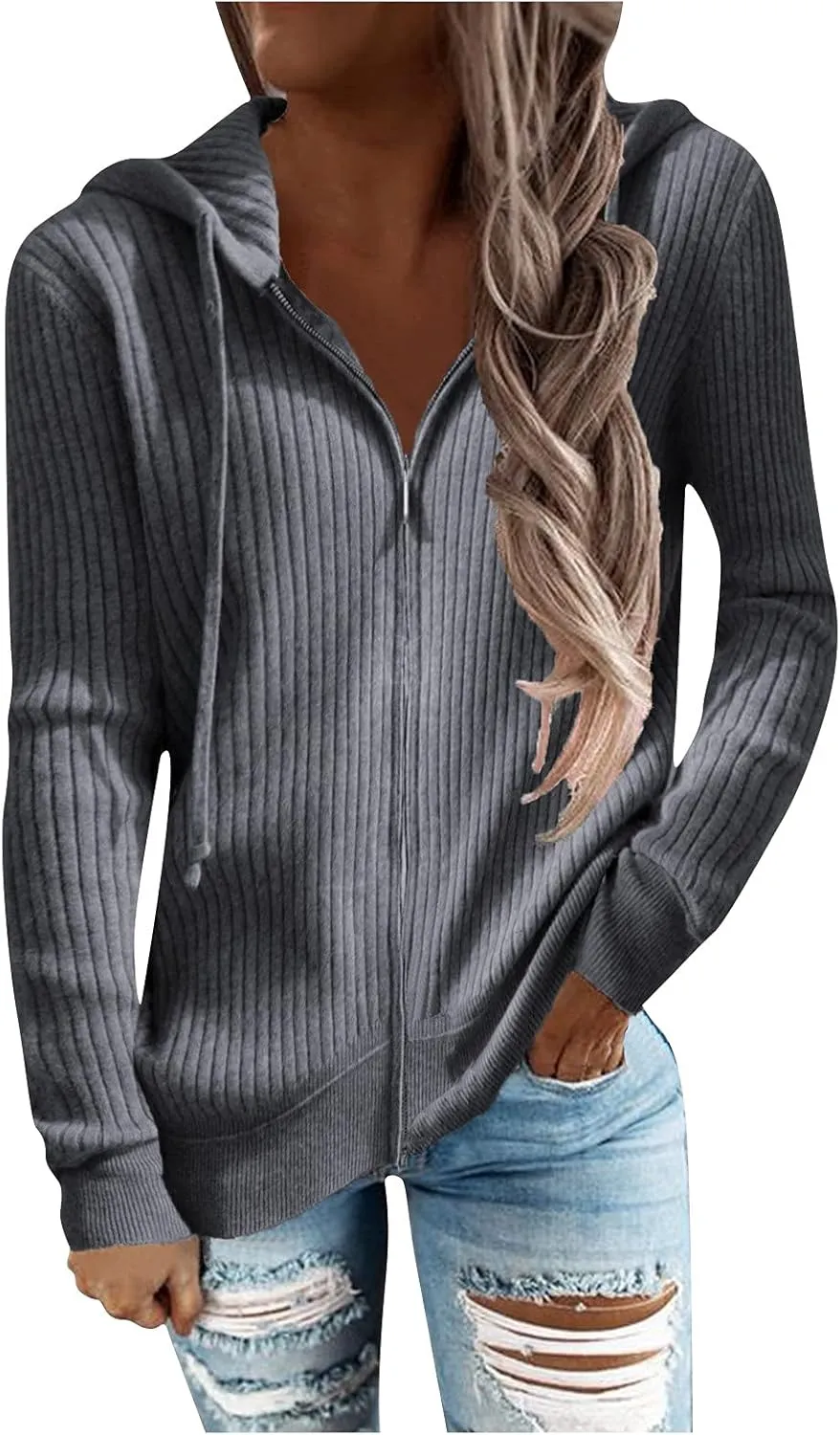 RMXEi Long Sleeve Open Front Cardigans For Women Casual Knit Zip Up Hooded Outwear Sweatshirt Coat
