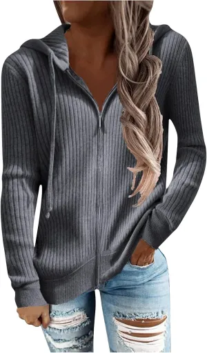RMXEi Long Sleeve Open Front Cardigans For Women Casual Knit Zip Up Hooded Outwear Sweatshirt Coat
