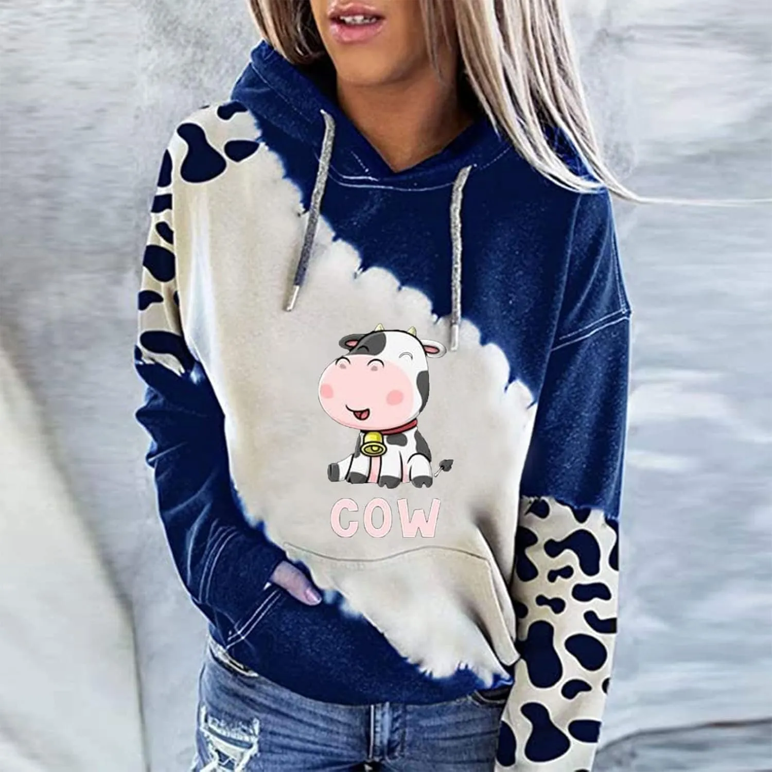 RMXEi Sweatshirts For Women Plus Size,Women's Cute Cow Print Sweatshirt Long Sleeve Hooded Casual Tops Shirts