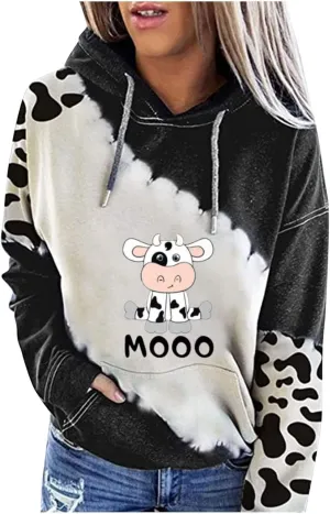 RMXEi Sweatshirts For Women Plus Size,Women's Cute Cow Print Sweatshirt Long Sleeve Hooded Casual Tops Shirts