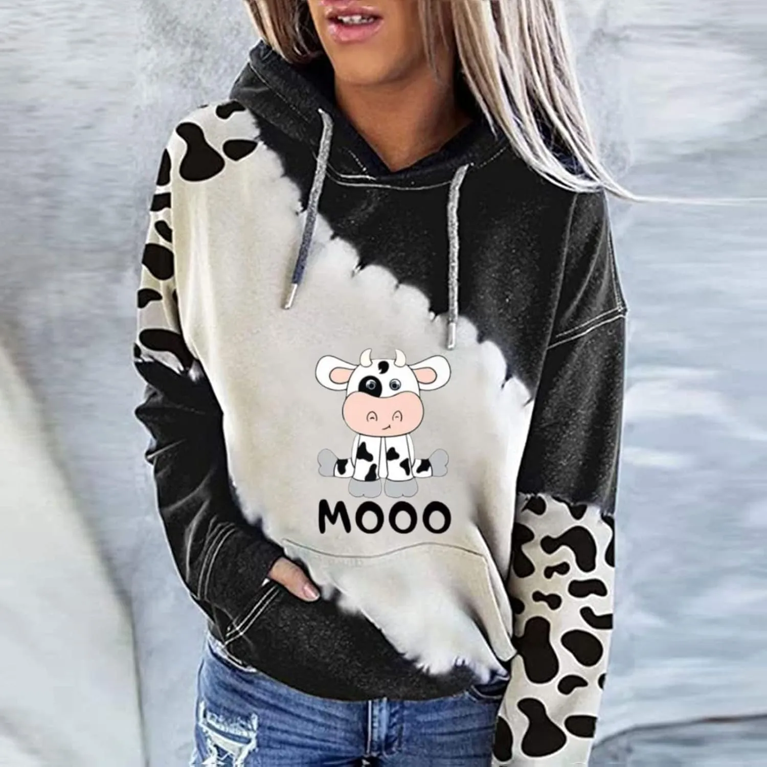 RMXEi Sweatshirts For Women Plus Size,Women's Cute Cow Print Sweatshirt Long Sleeve Hooded Casual Tops Shirts