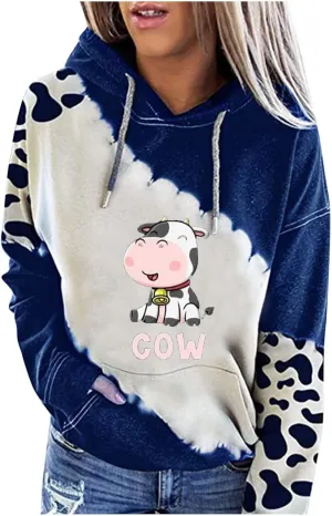 RMXEi Sweatshirts For Women Plus Size,Women's Cute Cow Print Sweatshirt Long Sleeve Hooded Casual Tops Shirts