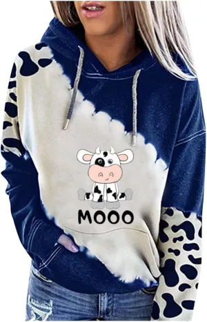 RMXEi Sweatshirts For Women Plus Size,Women's Cute Cow Print Sweatshirt Long Sleeve Hooded Casual Tops Shirts