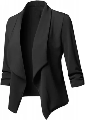Ruched 3/4 Sleeve Open Front Draped Blazers Business Casual Basic Work Jackets for Womens Clothes with Plus Size