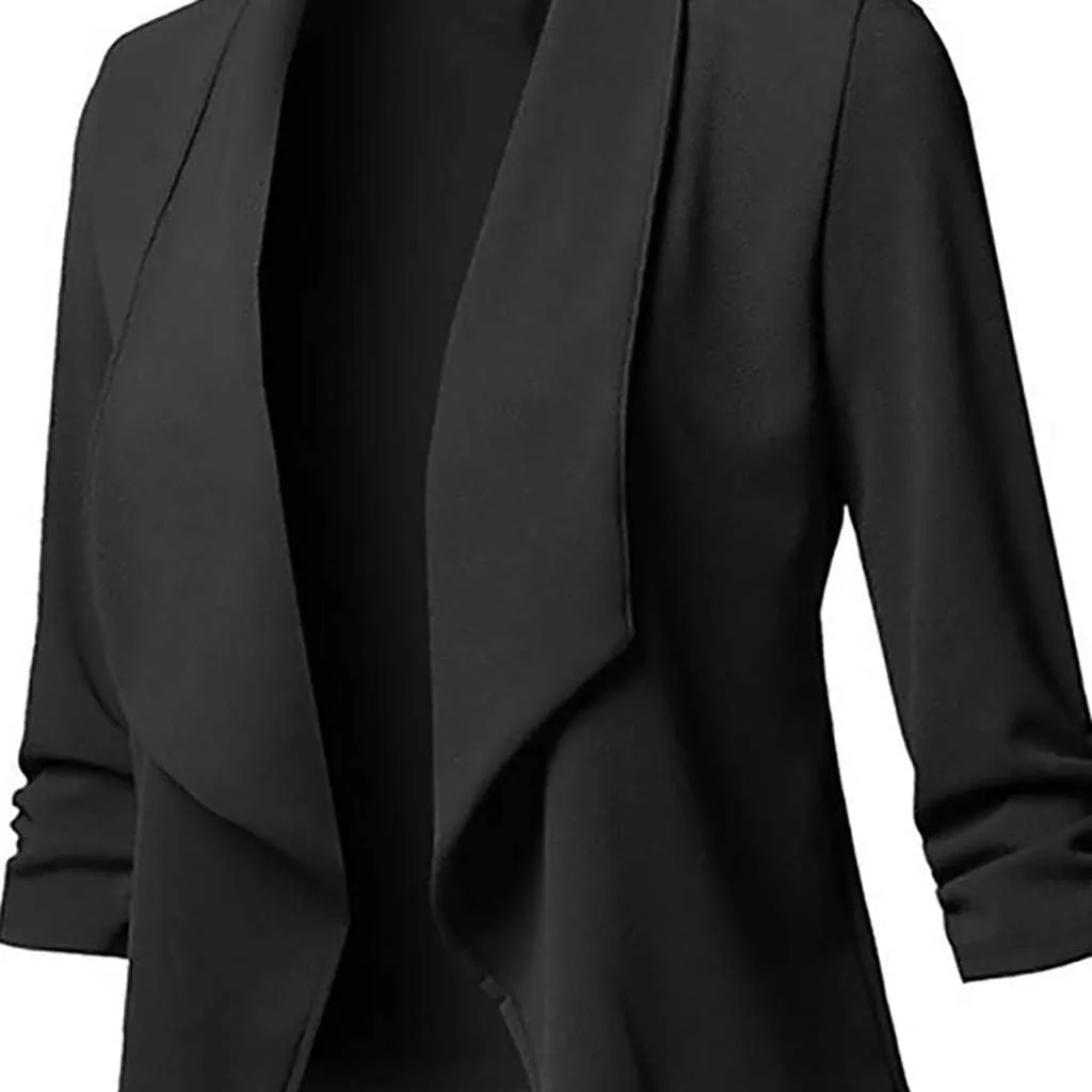 Ruched 3/4 Sleeve Open Front Draped Blazers Business Casual Basic Work Jackets for Womens Clothes with Plus Size