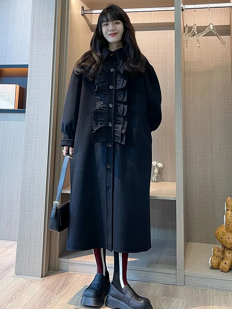 Ruffled Patchwork Lantern Sleeve Coat