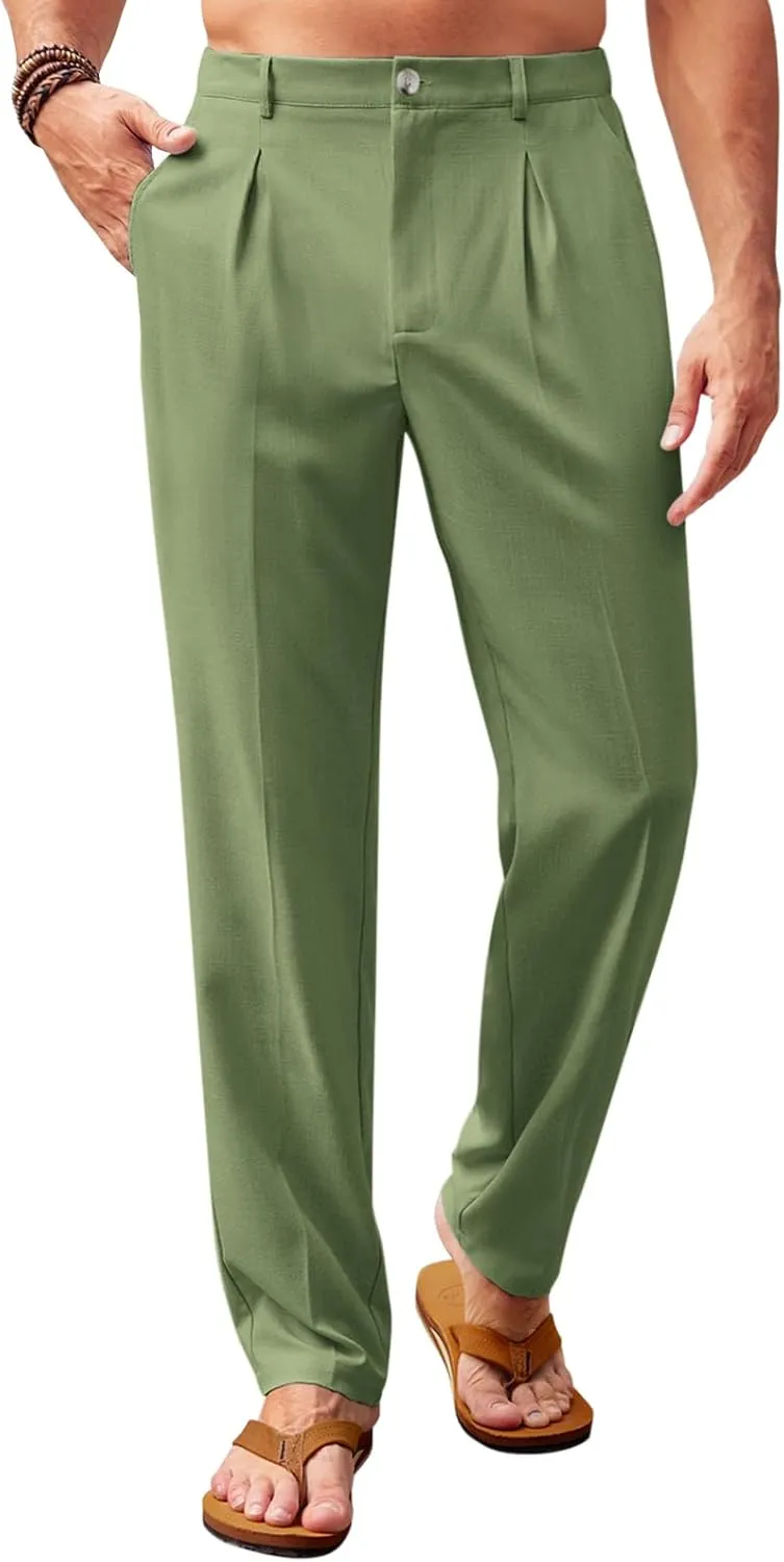 Runcati Mens Casual Linen Pants Elastic Waist Lightweight Loose Fit Pleated Slacks Summer Cotton Beach Yoga Trousers