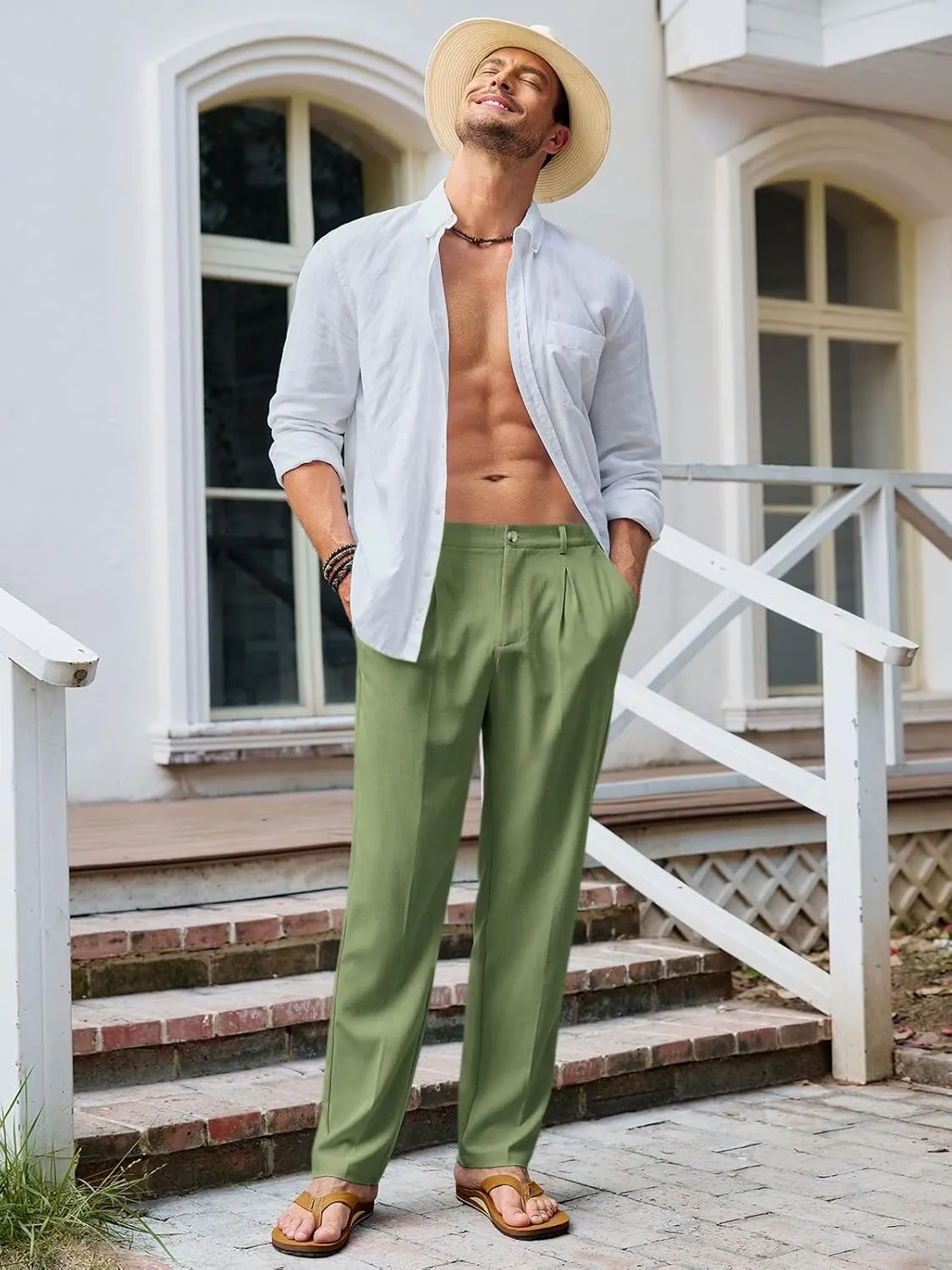 Runcati Mens Casual Linen Pants Elastic Waist Lightweight Loose Fit Pleated Slacks Summer Cotton Beach Yoga Trousers
