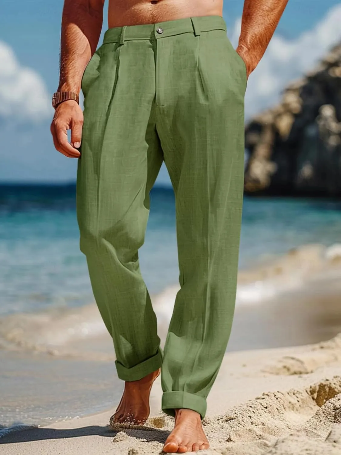 Runcati Mens Casual Linen Pants Elastic Waist Lightweight Loose Fit Pleated Slacks Summer Cotton Beach Yoga Trousers