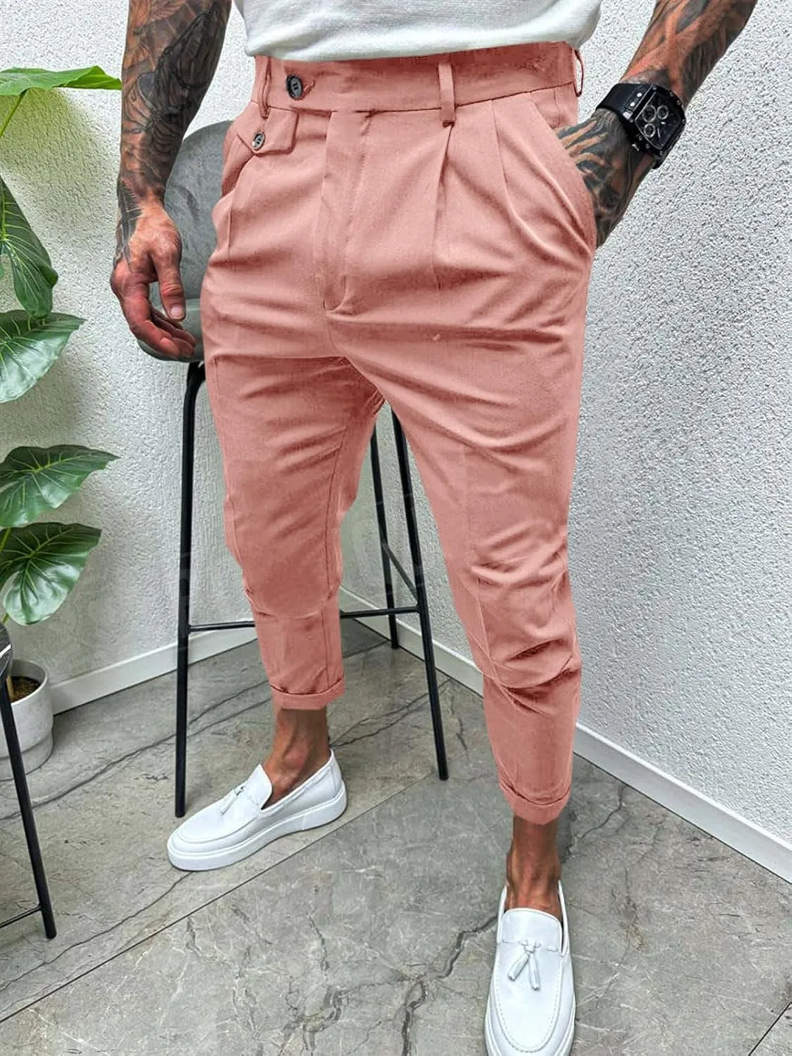 Runcati Mens Slim Fit Dress Pants Pleated Front Skinny Stretch Business Suit Trousers Classic Tapered Work Slacks