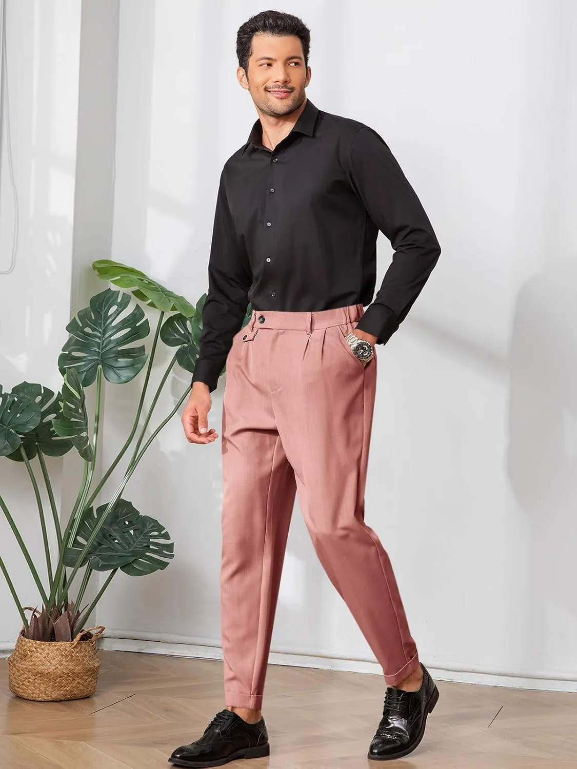 Runcati Mens Slim Fit Dress Pants Pleated Front Skinny Stretch Business Suit Trousers Classic Tapered Work Slacks